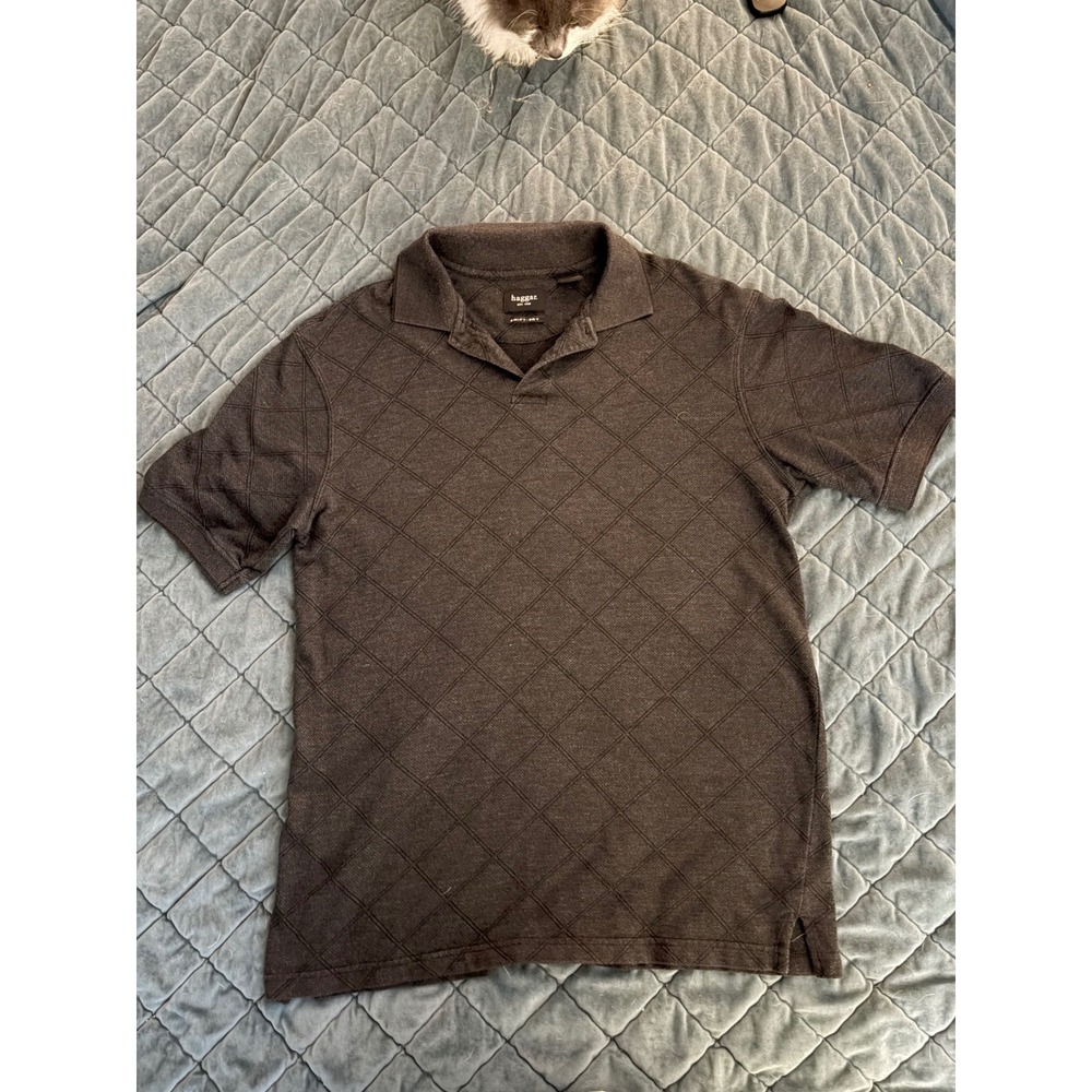 Haggar Swift-Dry Golf Polo Black Quilt-Print Diamond Pattern M
